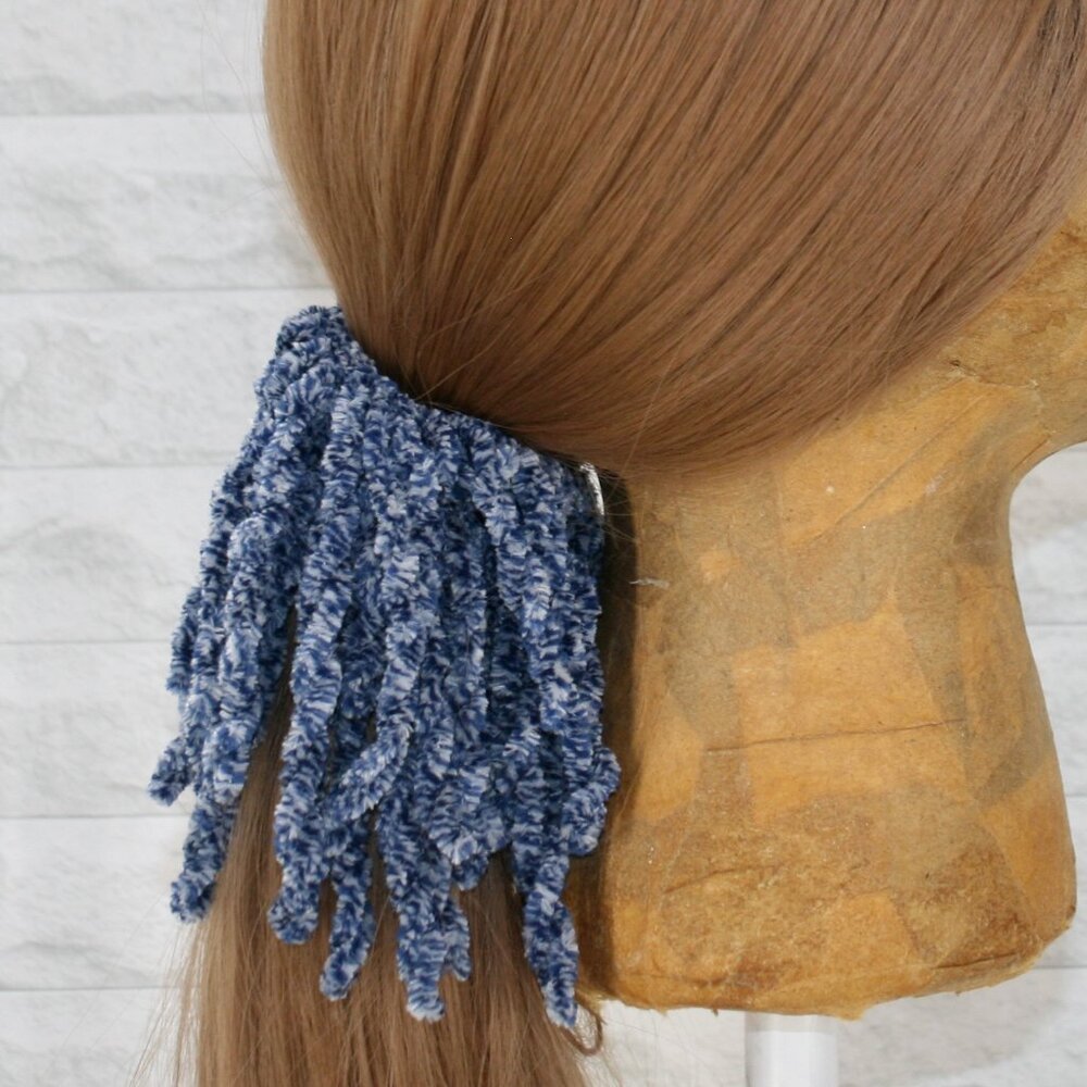 HAND CRAFTED Hair Scrunchie Fringe Kids Crochet Chenille Velvet Oversized Blue